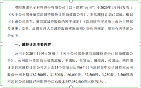 濮阳惠成部分董监高人员合计计划减持22万股 不超公司总股本1%